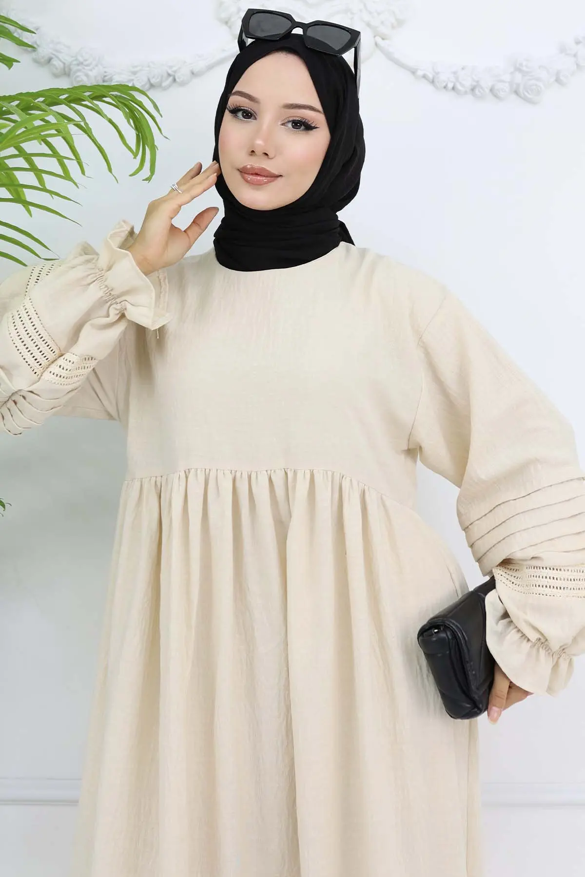 Nervür Detaylı Tesettür Elbise Taş Rengi 2207-detail