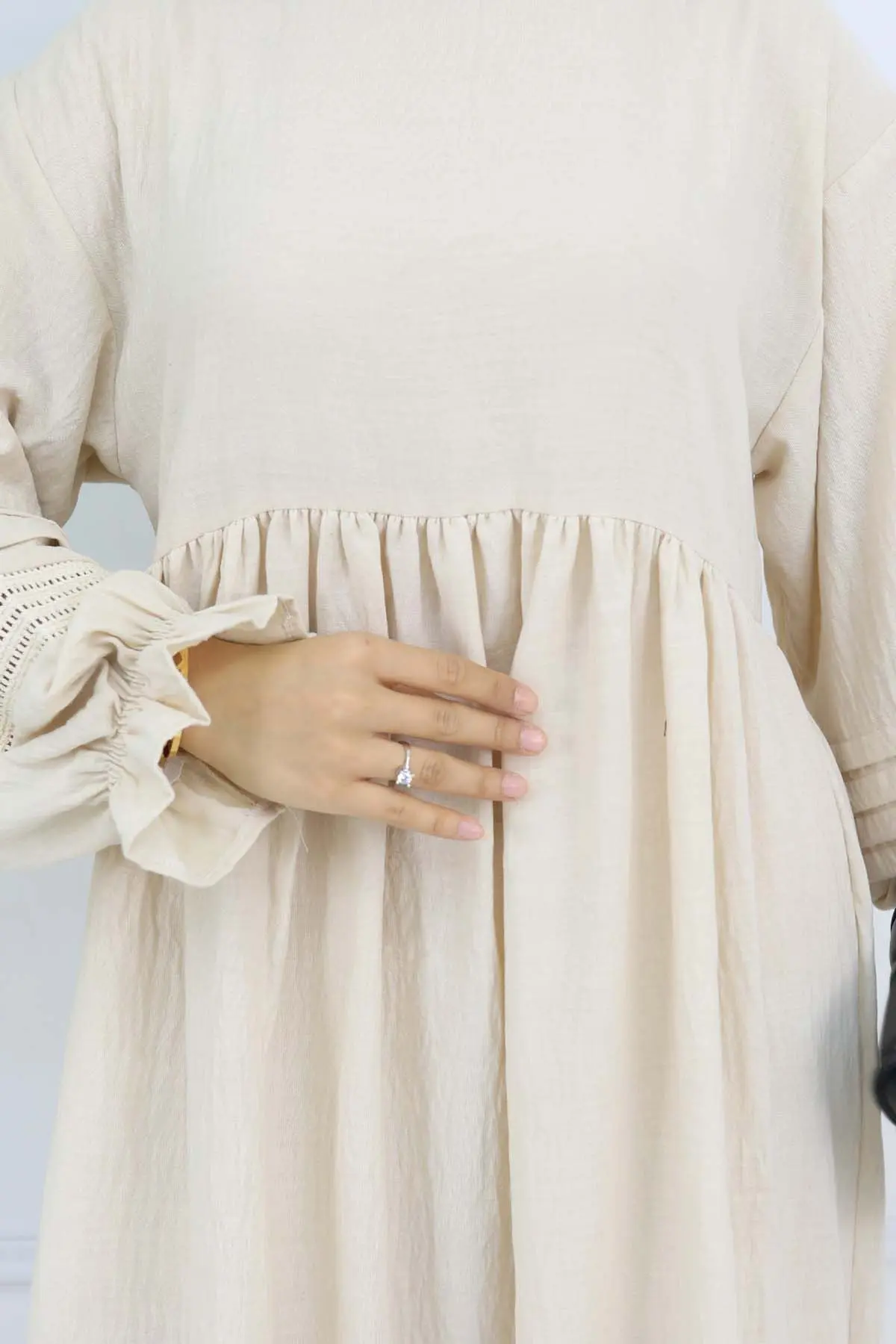 Nervür Detaylı Tesettür Elbise Taş Rengi 2207-detail