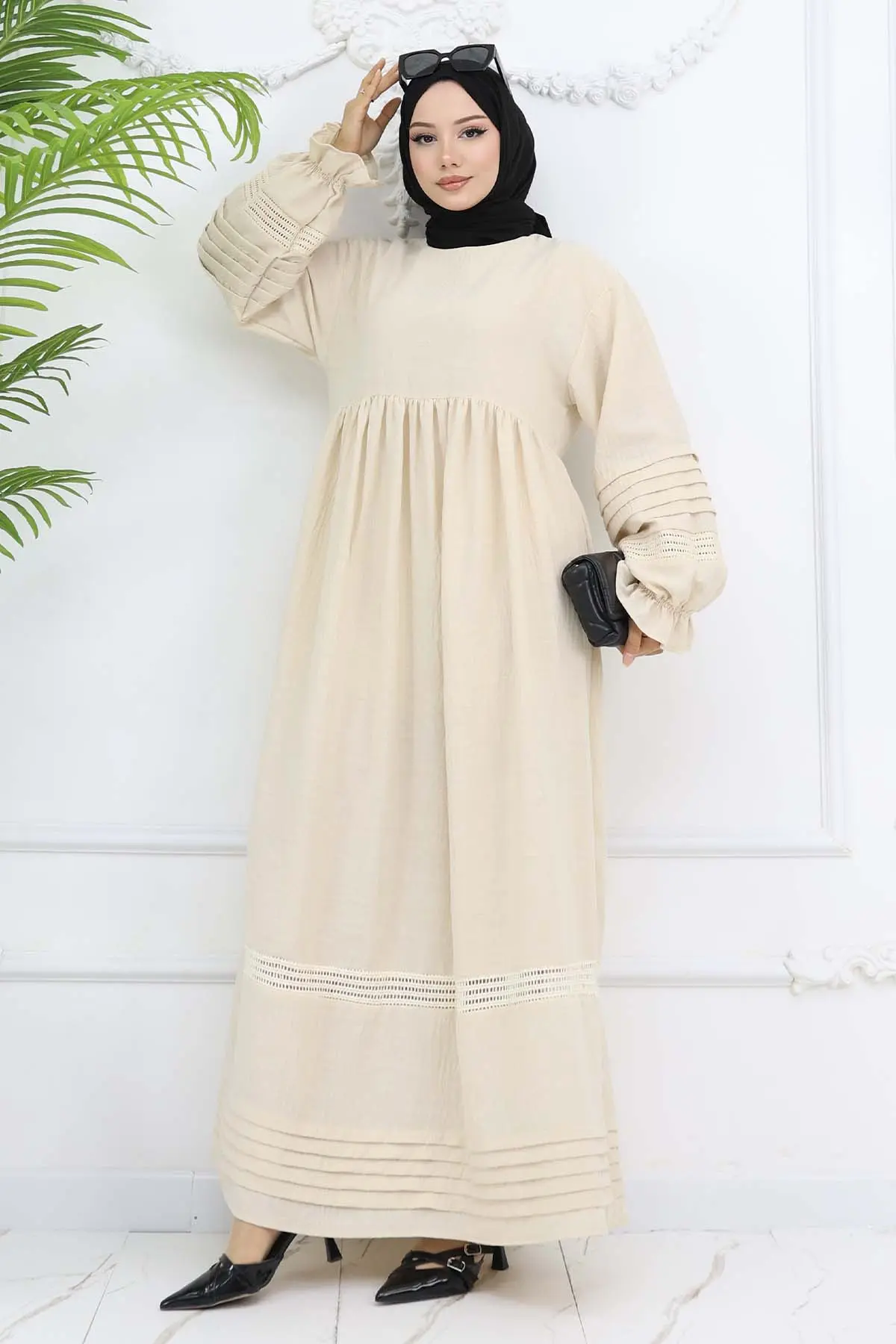 Nervür Detaylı Tesettür Elbise Taş Rengi 2207-detail