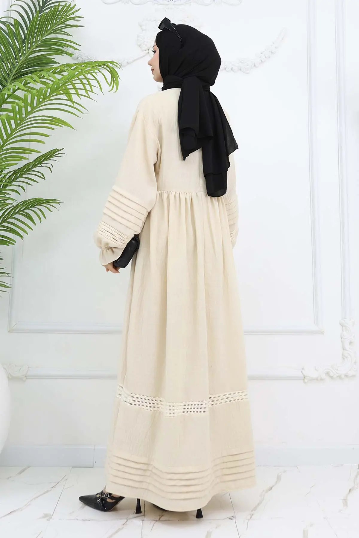 Nervür Detaylı Tesettür Elbise Taş Rengi 2207-detail