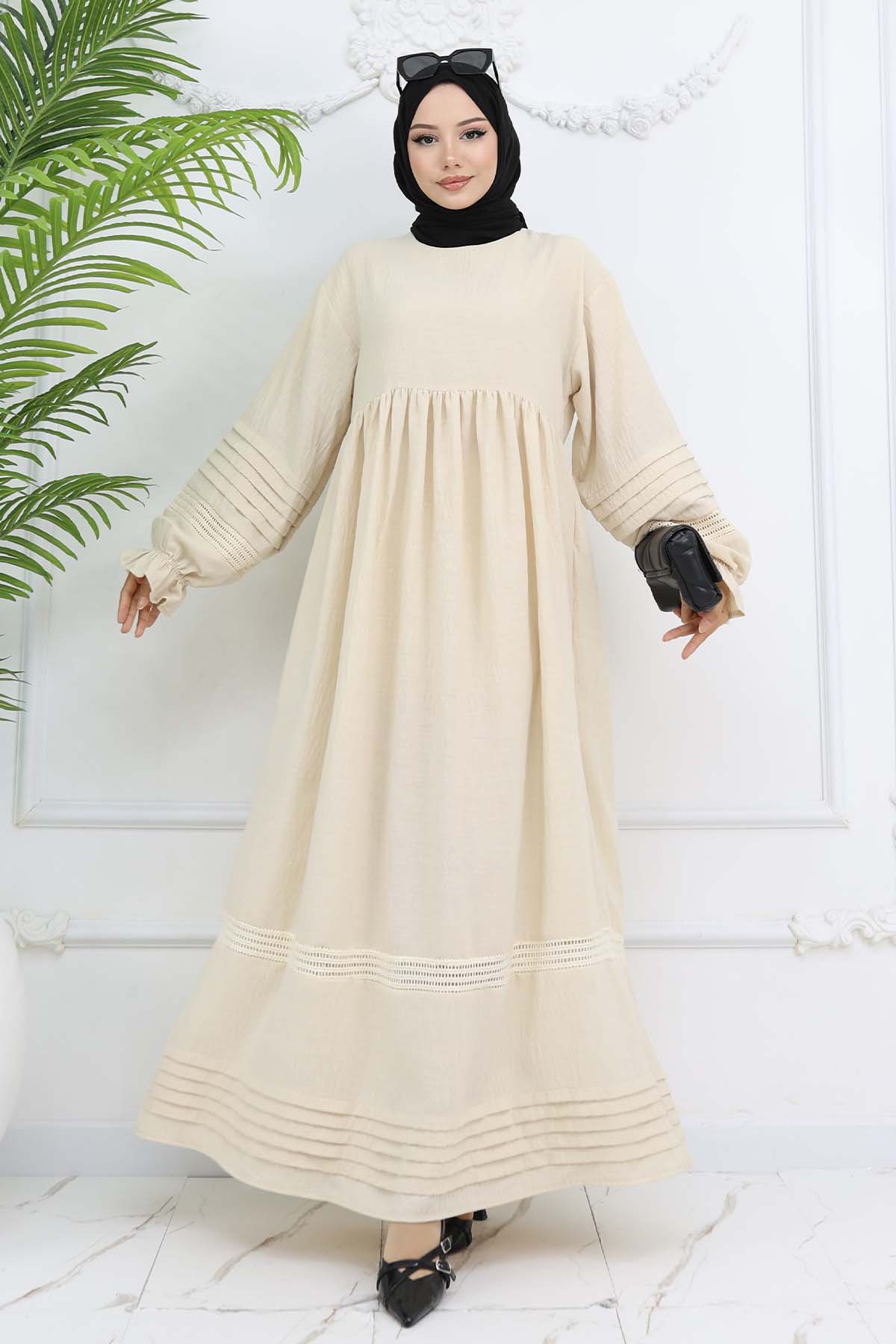 Nervür Detaylı Tesettür Elbise Taş Rengi 2207