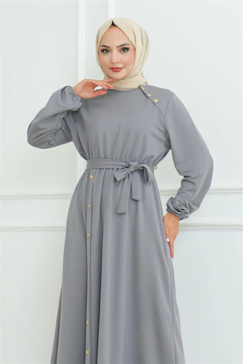 Omuz Detaylı Düğmeli Elbise-detail