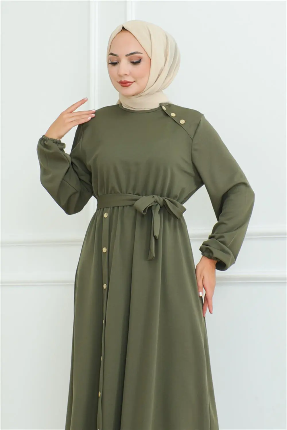 Omuz Detaylı Düğmeli Elbise-detail