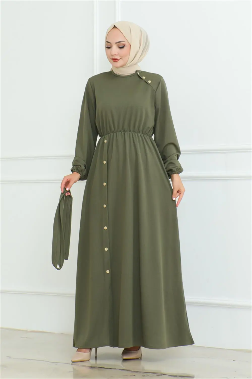 Omuz Detaylı Düğmeli Elbise-detail