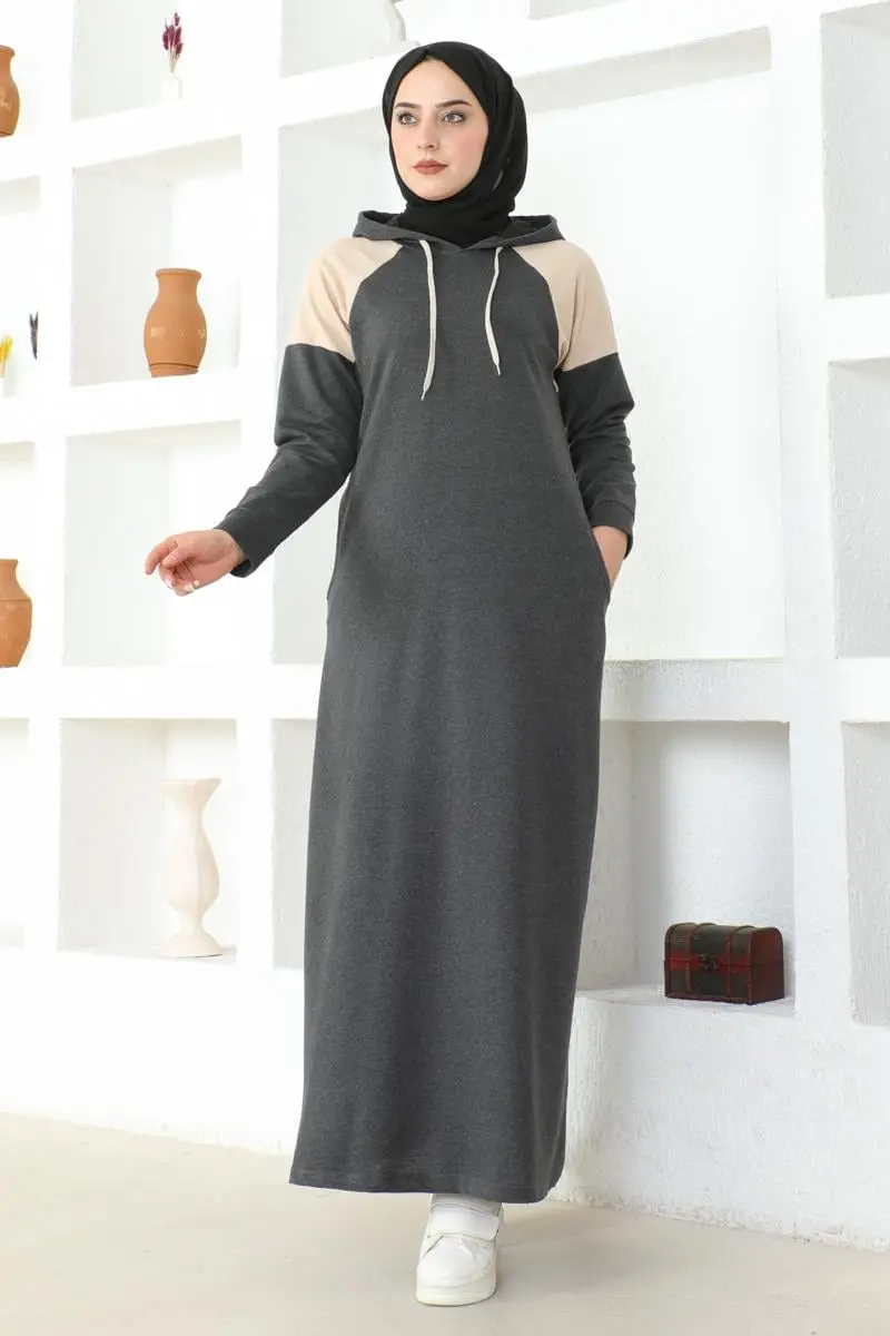 Omuz Detaylı Tesettür Elbise Antrasit-detail