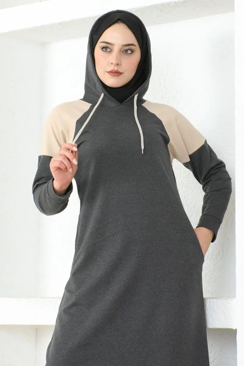 Omuz Detaylı Tesettür Elbise Antrasit-detail
