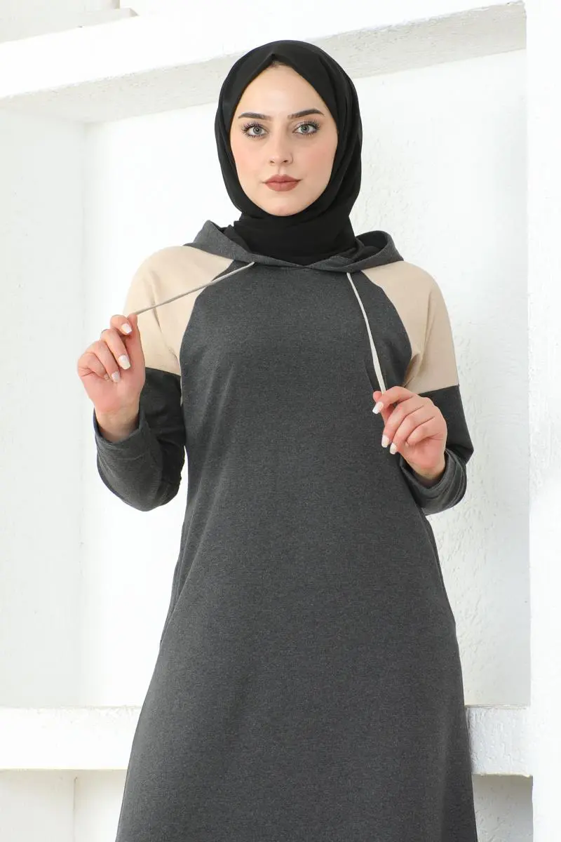 Omuz Detaylı Tesettür Elbise Antrasit-detail