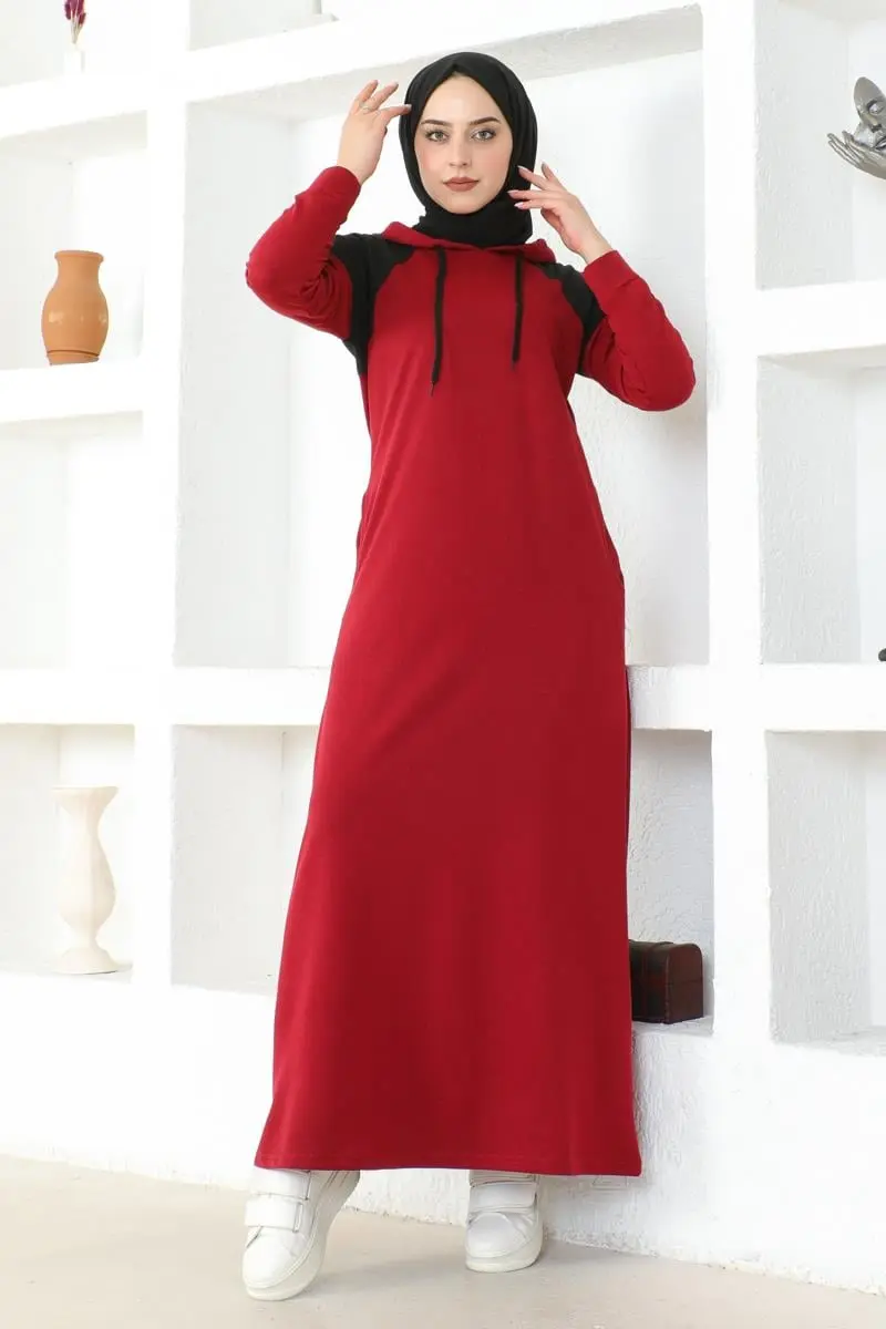 Omuz Detaylı Tesettür Elbise Bordo-detail