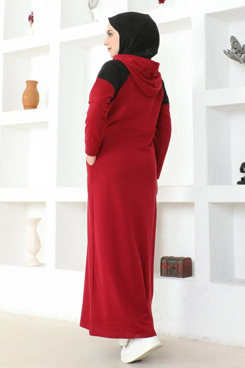 Omuz Detaylı Tesettür Elbise Bordo-detail