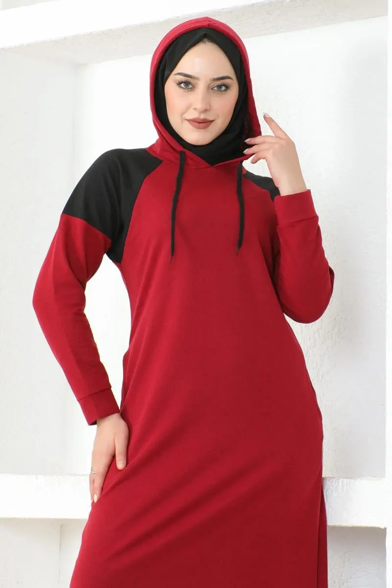 Omuz Detaylı Tesettür Elbise Bordo-detail