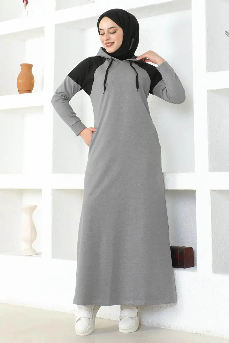 Omuz Detaylı Tesettür Elbise Gri-detail