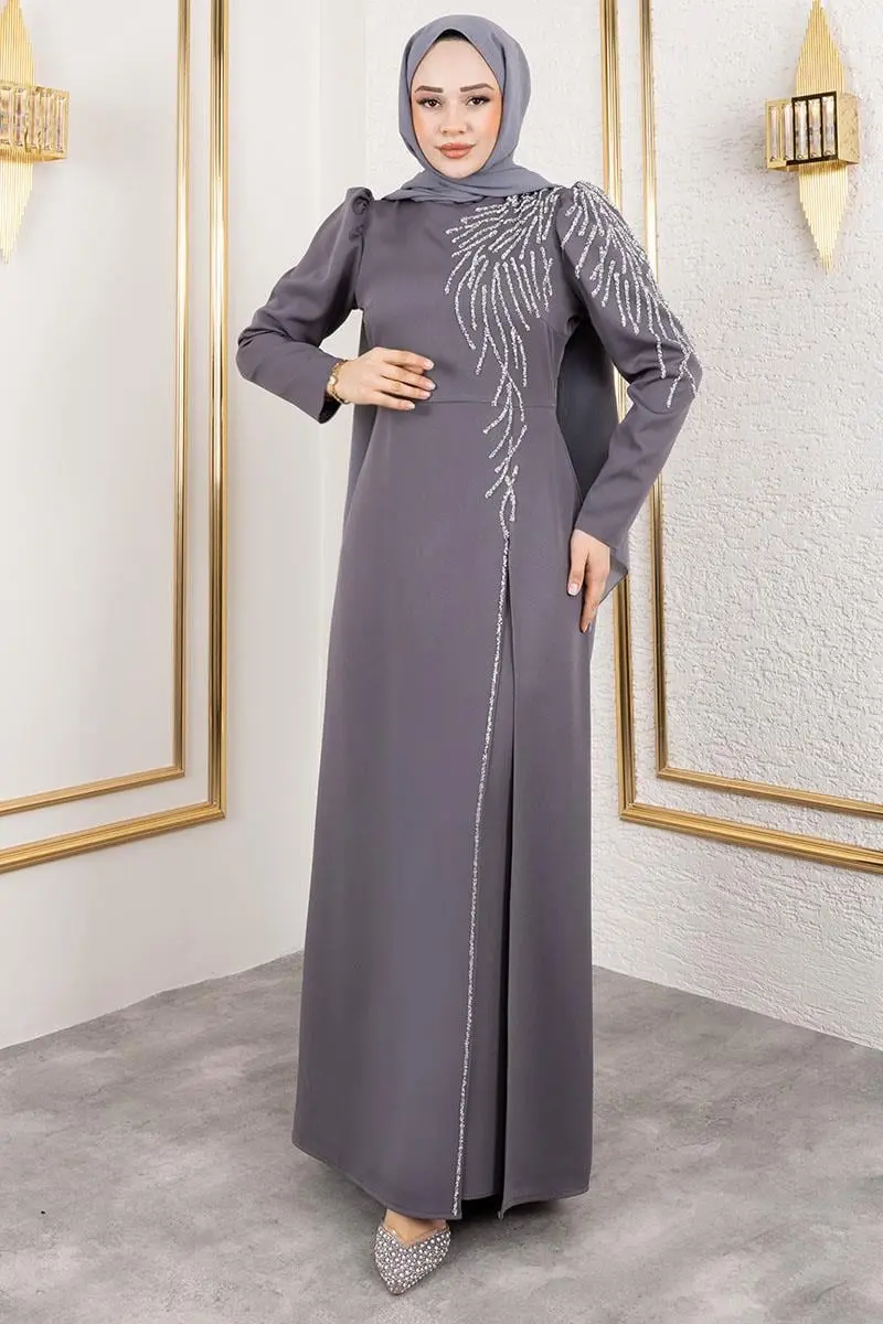 Omuzu Taşlı Krep Abiye Gri-detail