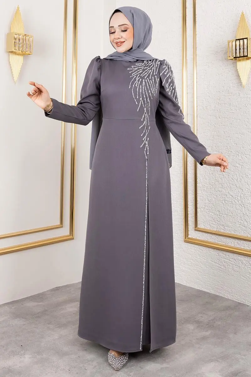 Omuzu Taşlı Krep Abiye Gri-detail