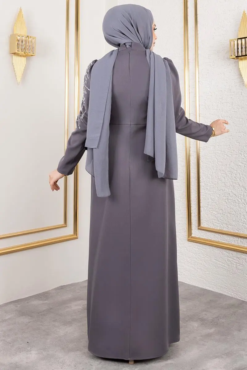 Omuzu Taşlı Krep Abiye Gri-detail