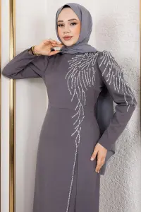 Omuzu Taşlı Krep Abiye Gri