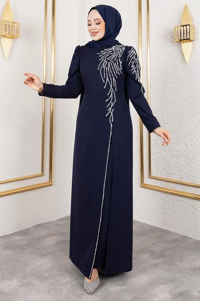 Omuzu Taşlı Krep Abiye Lacivert-detail