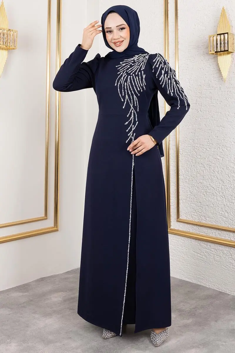 Omuzu Taşlı Krep Abiye Lacivert-detail