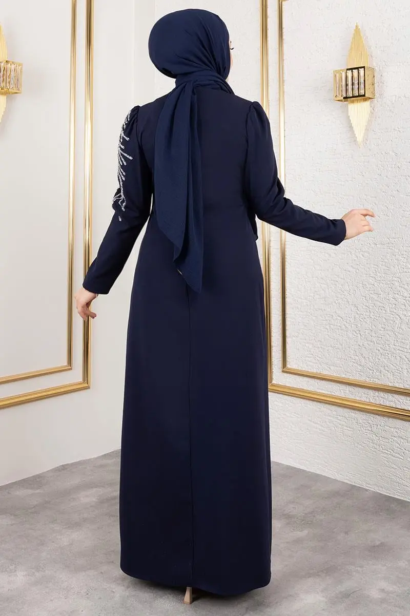 Omuzu Taşlı Krep Abiye Lacivert-detail