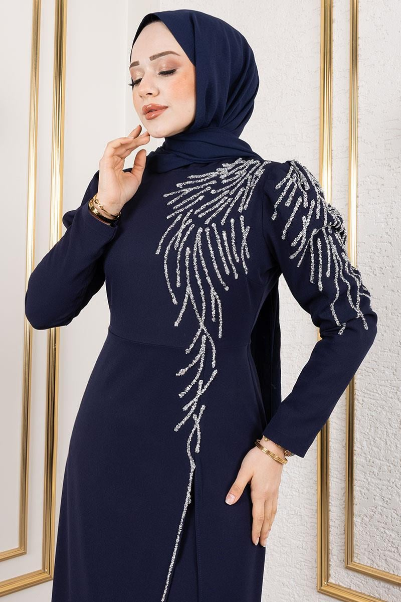 Omuzu Taşlı Krep Abiye Lacivert