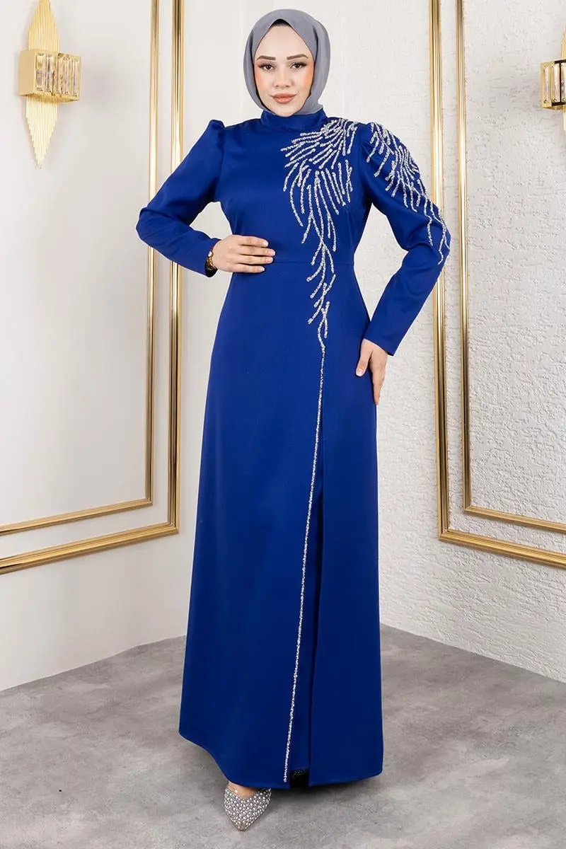 Omuzu Taşlı Krep Abiye Saks Mavisi-detail