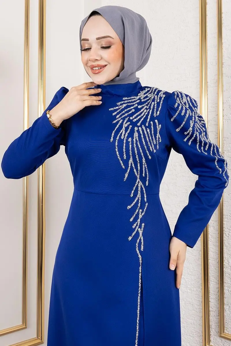 Omuzu Taşlı Krep Abiye Saks Mavisi-detail