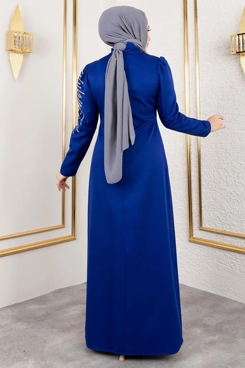 Omuzu Taşlı Krep Abiye Saks Mavisi-detail