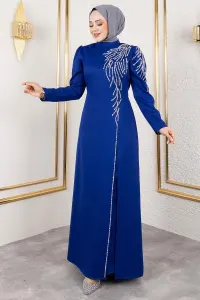 Omuzu Taşlı Krep Abiye Saks Mavisi