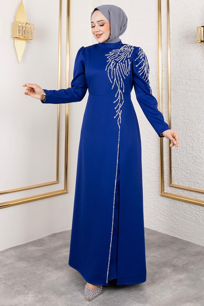 Omuzu Taşlı Krep Abiye Saks Mavisi