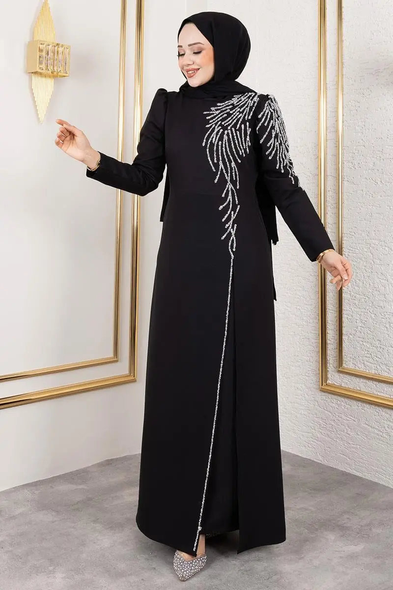 Omuzu Taşlı Krep Abiye Siyah-detail