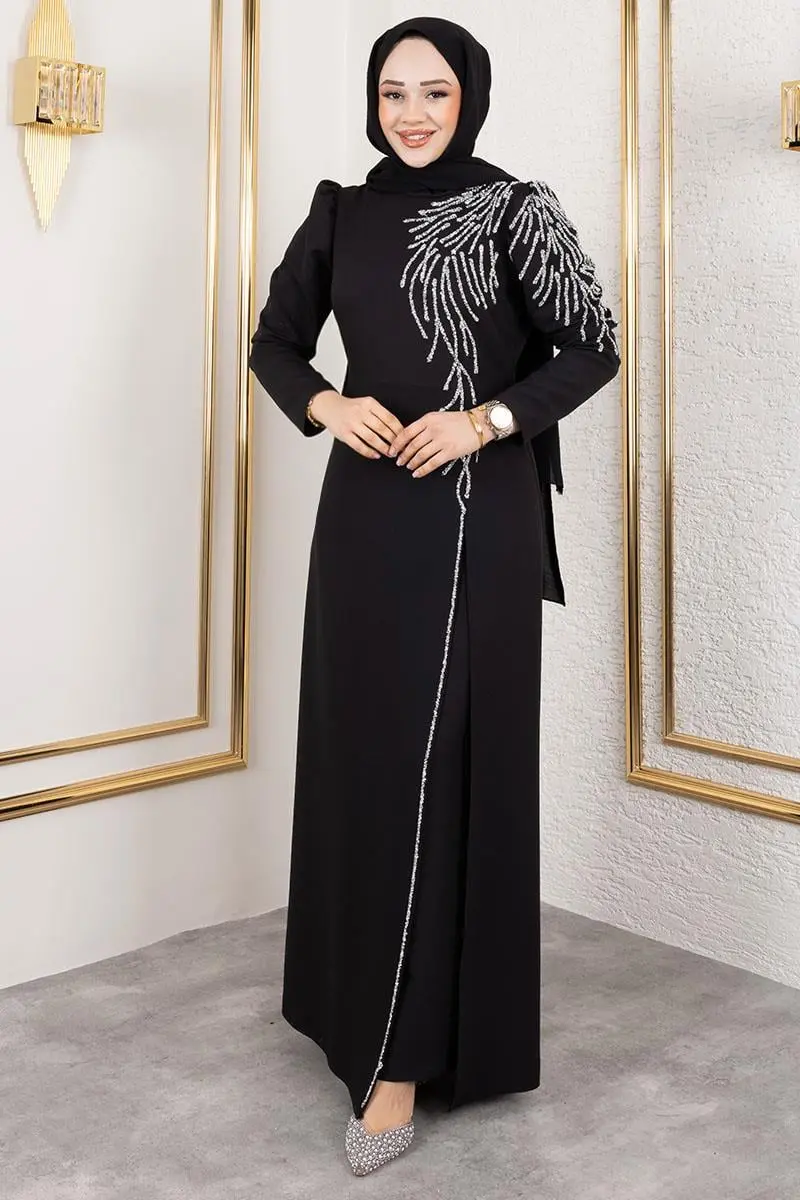 Omuzu Taşlı Krep Abiye Siyah-detail