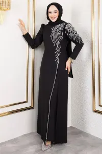 Omuzu Taşlı Krep Abiye Siyah