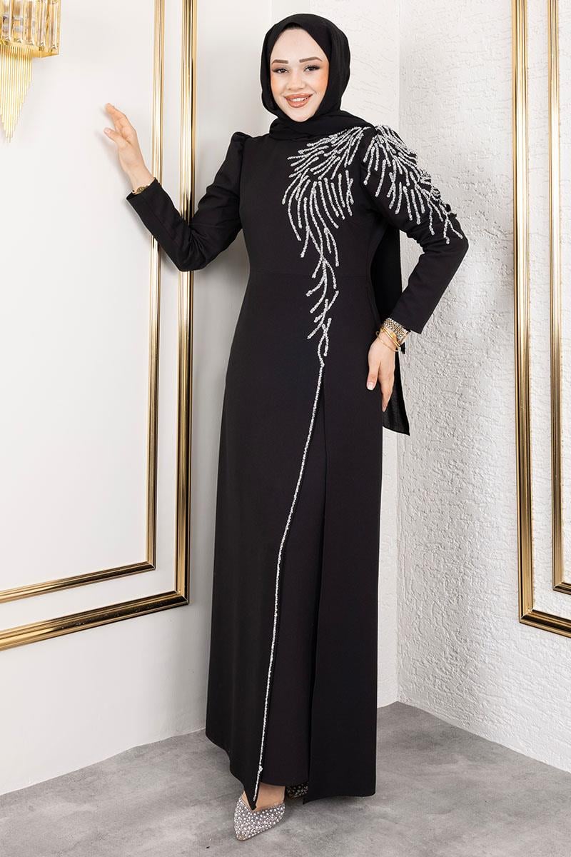 Omuzu Taşlı Krep Abiye Siyah