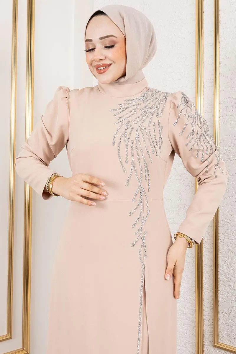 Omuzu Taşlı Krep Abiye Vizon-detail