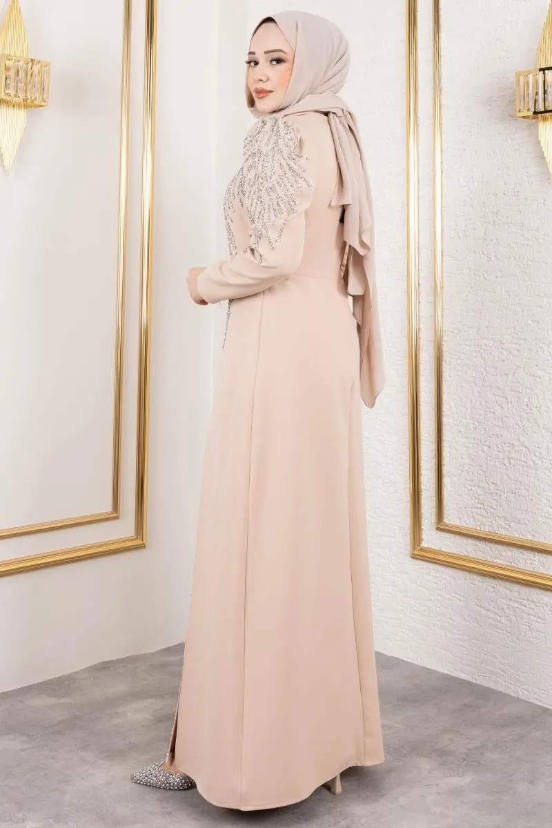 Omuzu Taşlı Krep Abiye Vizon-detail