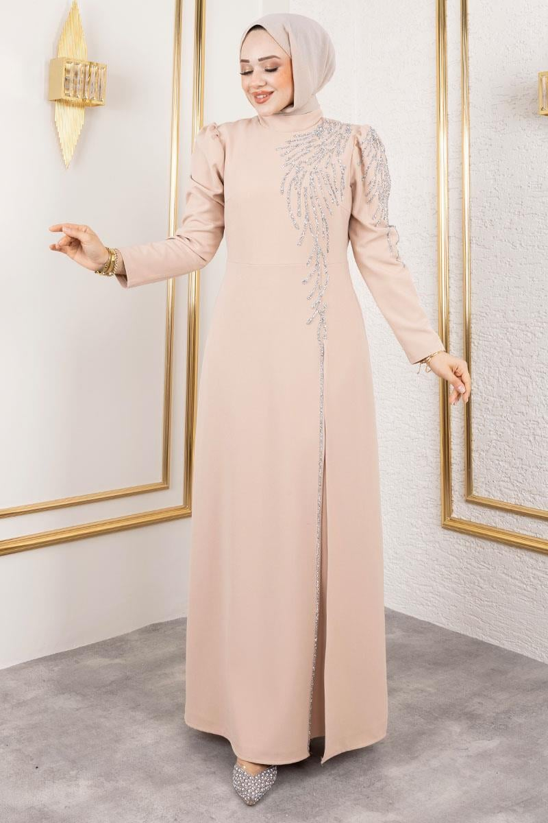 Omuzu Taşlı Krep Abiye Vizon