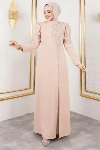 Omuzu Taşlı Krep Abiye Vizon