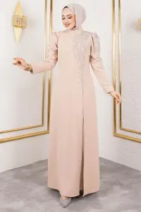 Omuzu Taşlı Krep Abiye Vizon