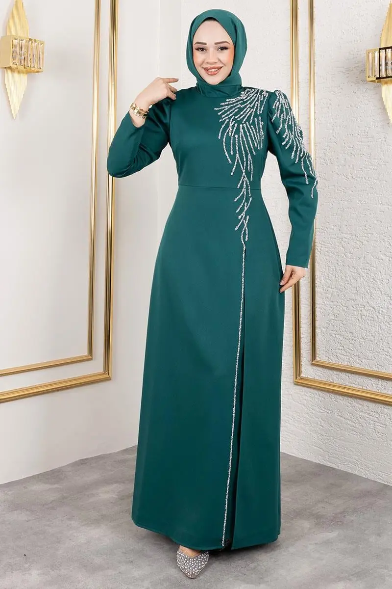 Omuzu Taşlı Krep Abiye Zümrüt Yeşili-detail