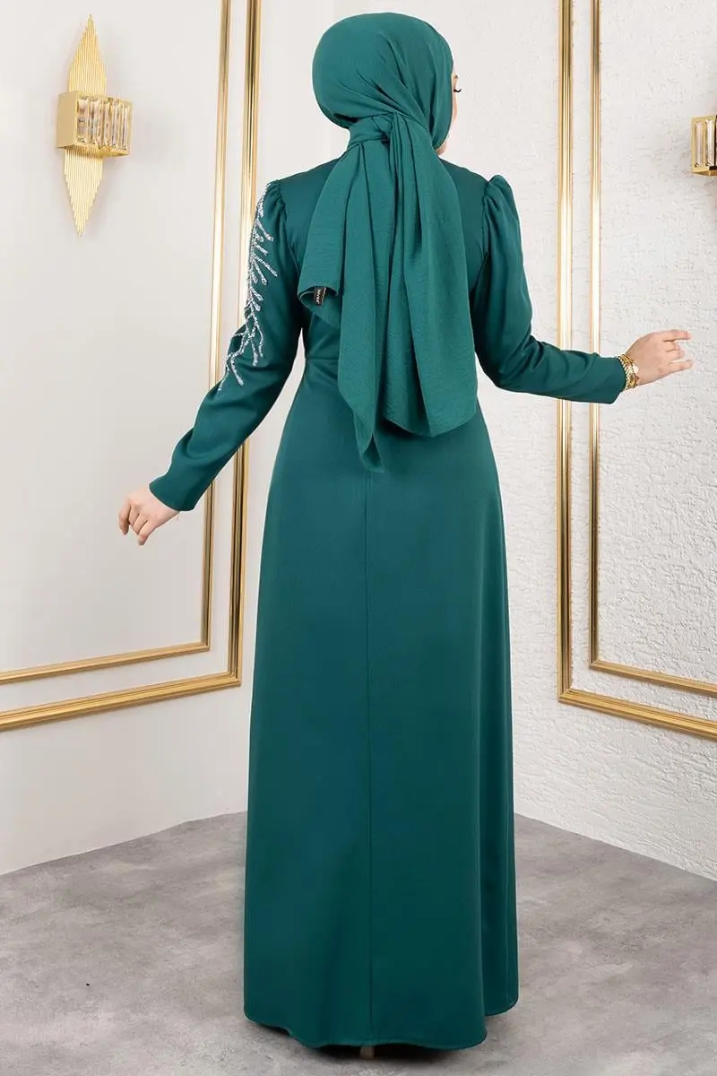 Omuzu Taşlı Krep Abiye Zümrüt Yeşili-detail