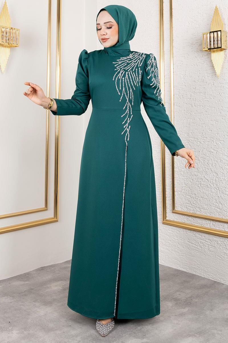 Omuzu Taşlı Krep Abiye Zümrüt Yeşili