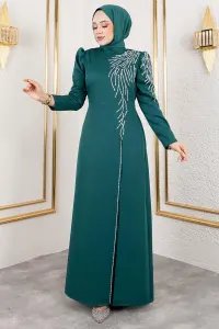 Omuzu Taşlı Krep Abiye Zümrüt Yeşili