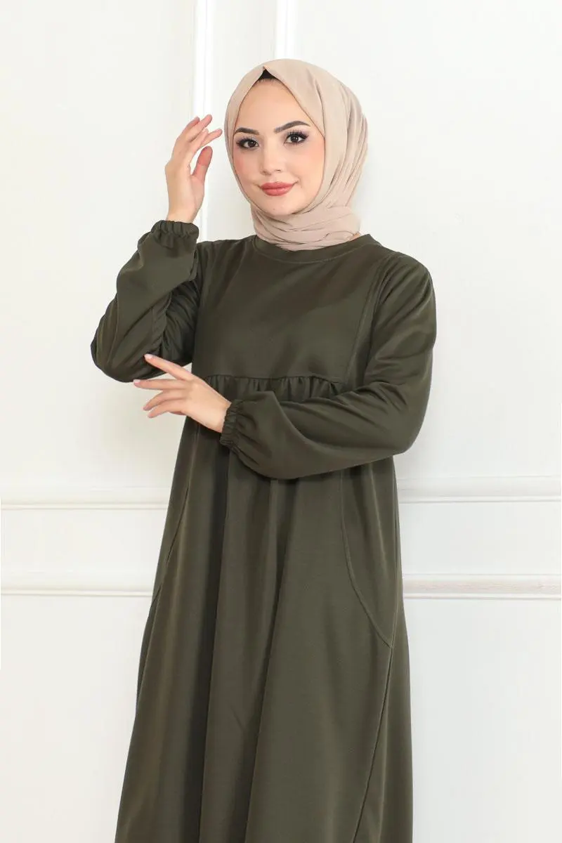 Önden Büzgülü Rahat Elbise Haki-detail