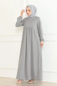 Önden Büzgülü Rahat Elbise Gri