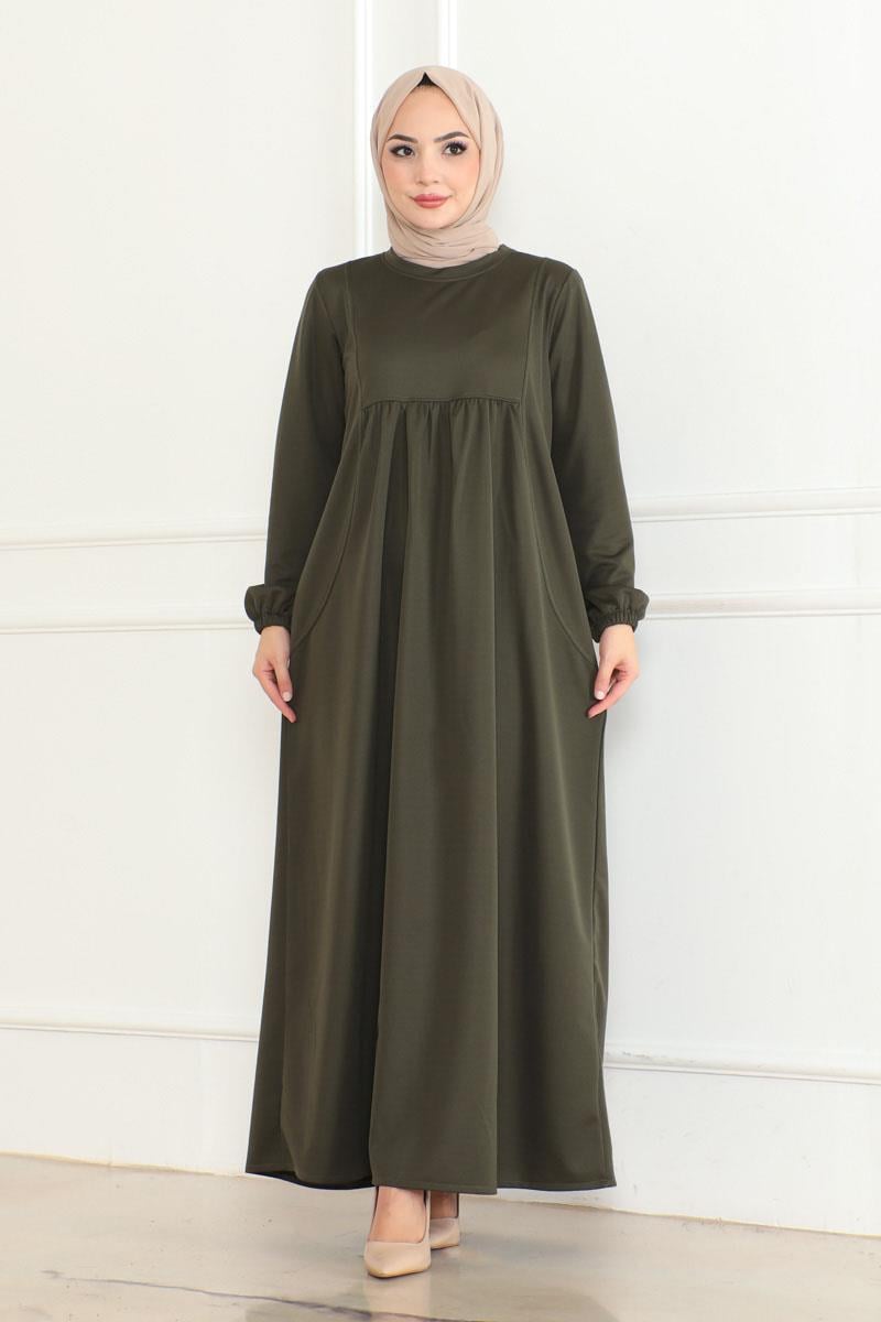 Önden Büzgülü Rahat Elbise Haki