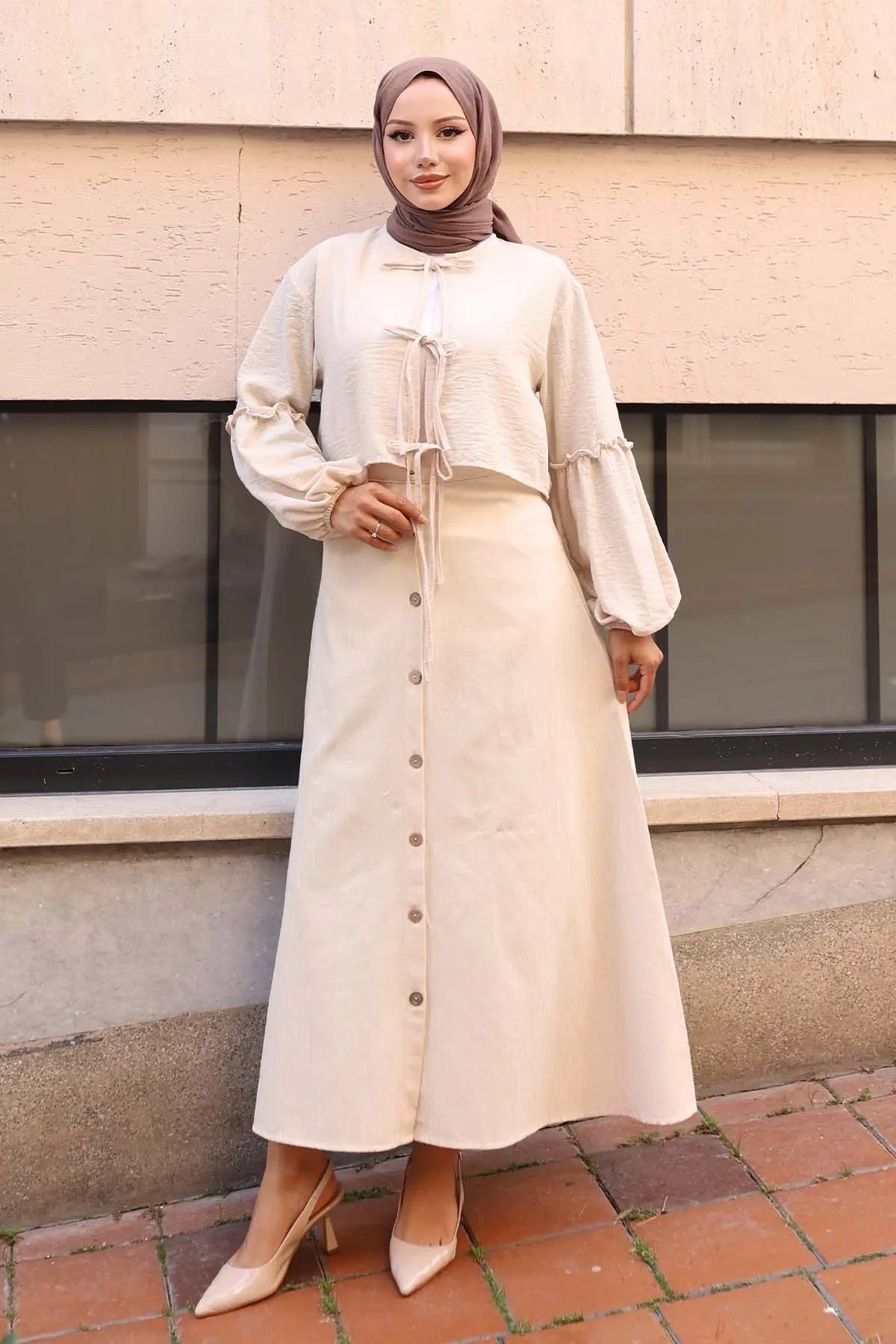 Önden Düğmeli Keten Etek Taş Rengi-detail