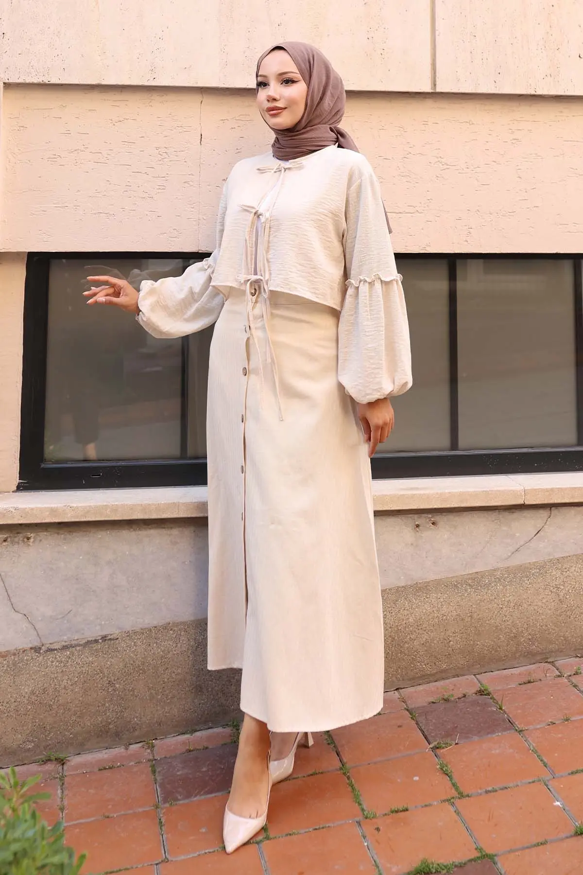 Önden Düğmeli Keten Etek Taş Rengi-detail