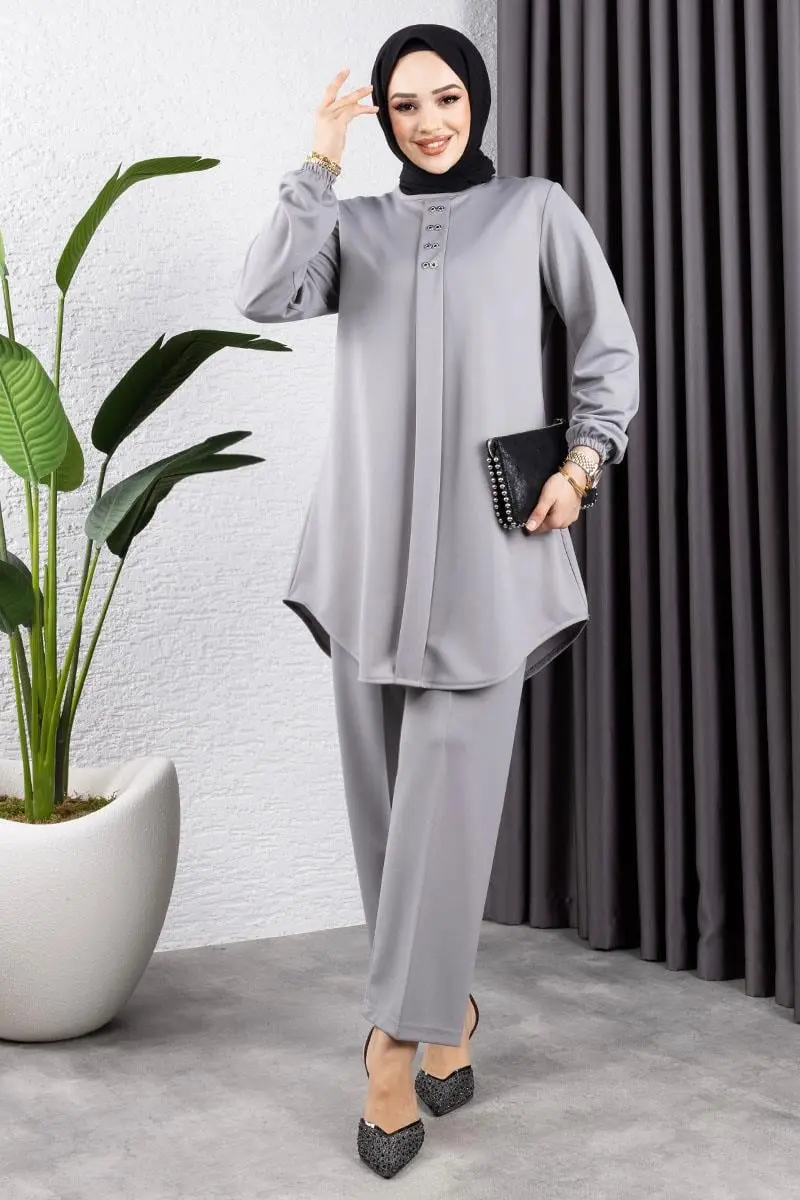 Önden Patlı Krep Takım Gri-detail