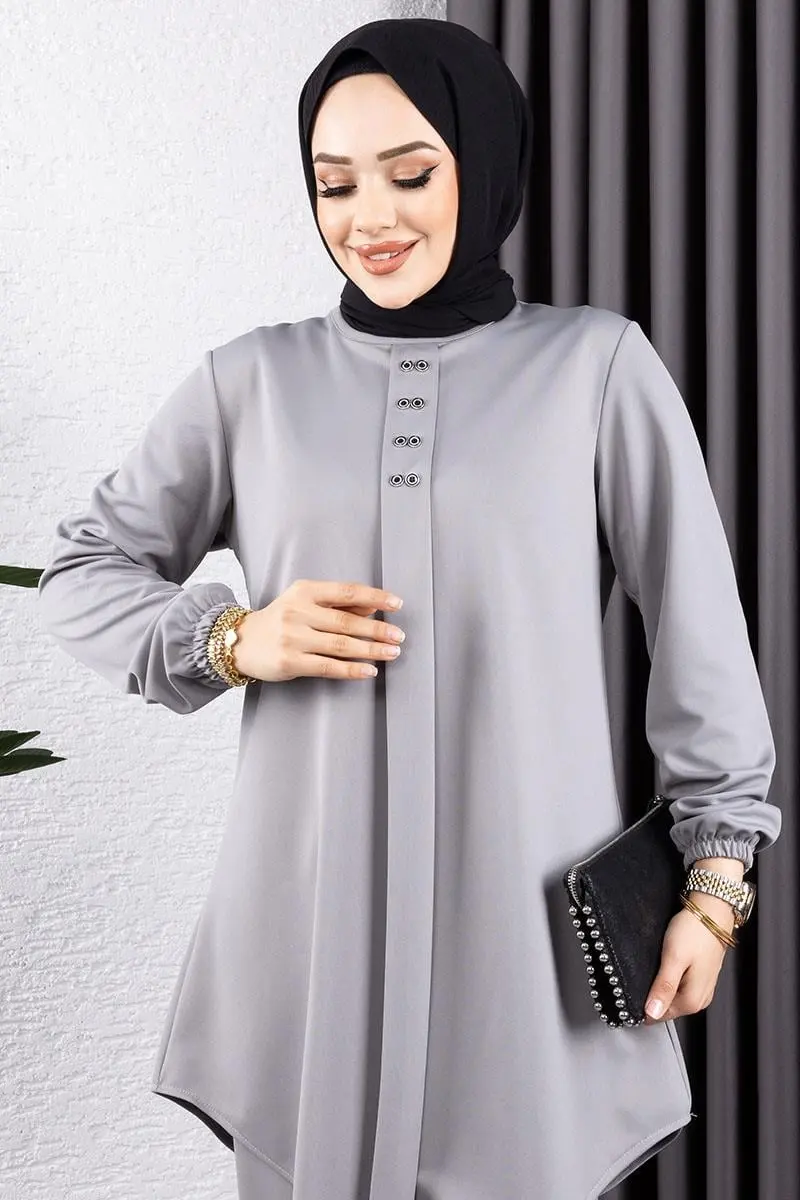 Önden Patlı Krep Takım Gri-detail