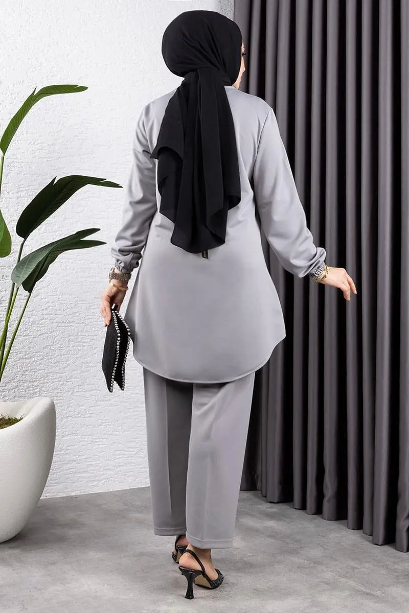 Önden Patlı Krep Takım Gri-detail