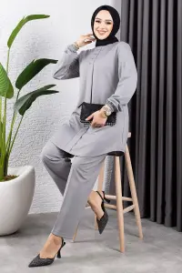 Önden Patlı Krep Takım Gri